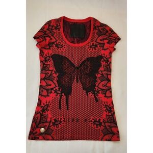 Philipp Plein Women's Size S Elegant T-shirt Red Butterfly Tatto  Lace
